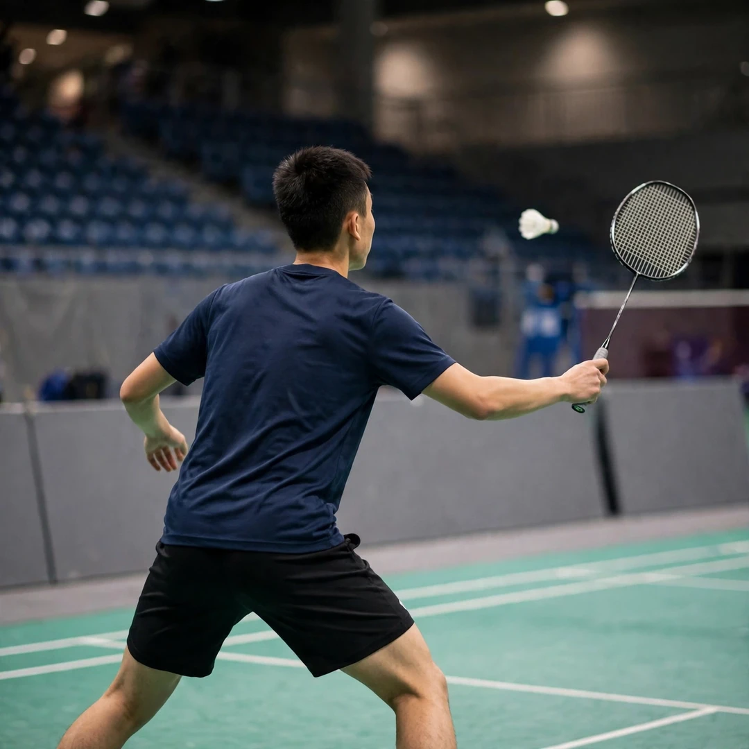 Ming Hong Lim playing a cross-court forehand clear from the rear court (AI-generated) Ming Hong Lim playing a cross-court forehand clear from the rear court (AI-generated)