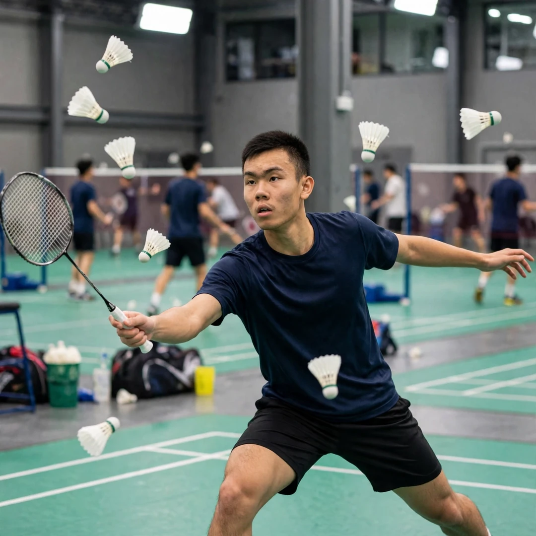 Ming Hong Lim in a multi-shuttle training drill (AI-generated) Ming Hong Lim in a multi-shuttle training drill (AI-generated)