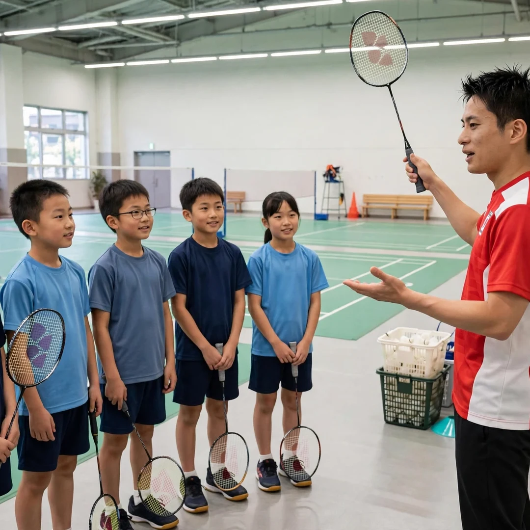 Minoru Koga badminton clinic juniors Minoru Koga demonstrating a grip to junior players at a badminton clinic (AI-generated)