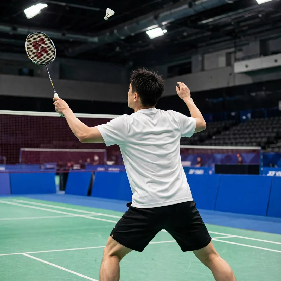 Minoru Koga backhand technique Minoru Koga playing a backhand clear in the deep backhand corner, seen from behind (AI-generated)