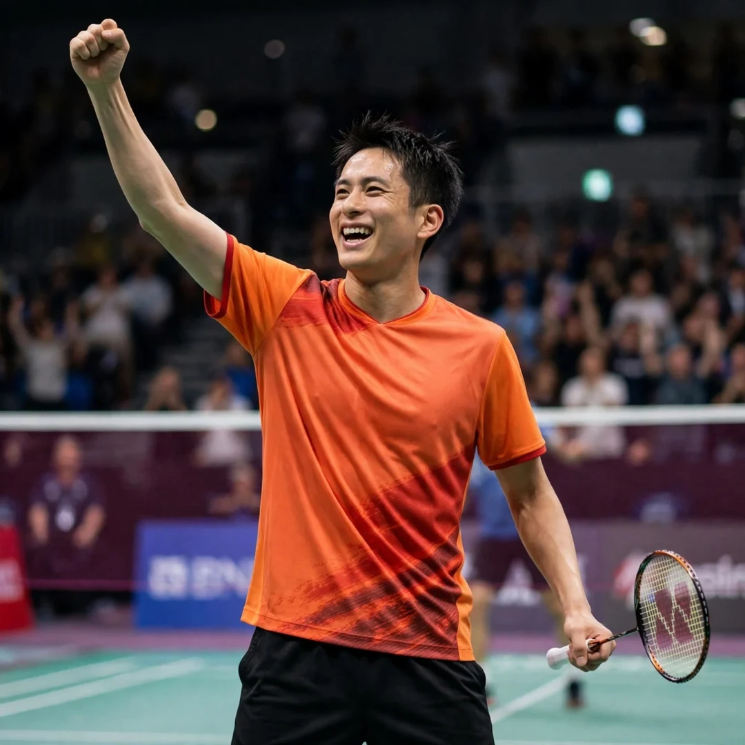 Minoru Koga Belgian International champion Minoru Koga celebrating with a fist pump after winning the Belgian International (AI-generated)