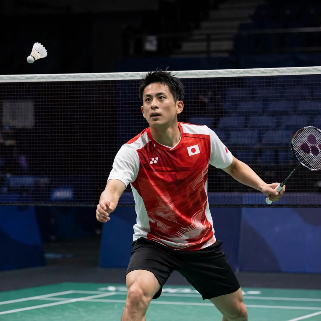 Minoru Koga net play Minoru Koga playing a tumbling net shot at the front of the court (AI-generated)