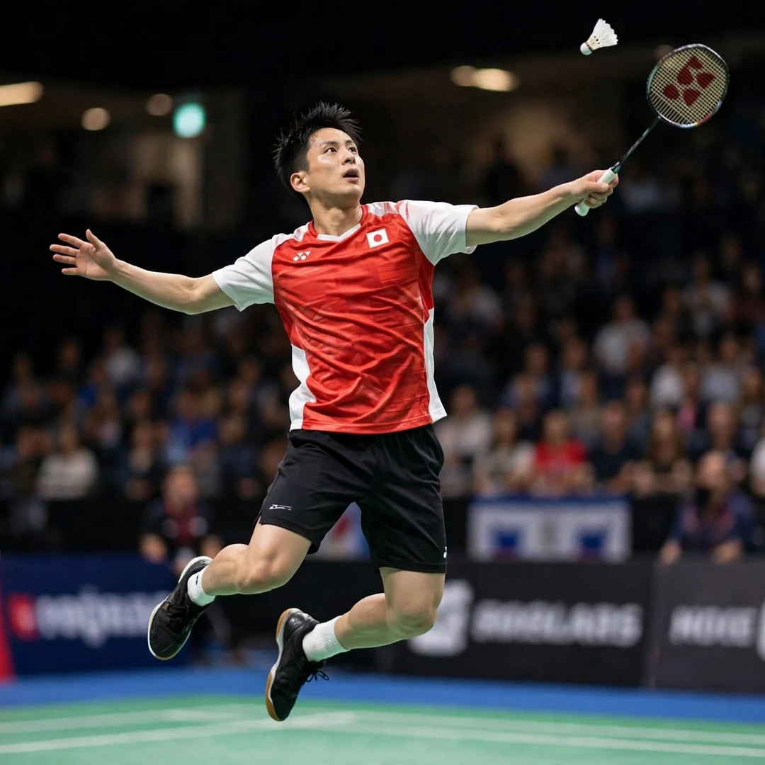 Minoru Koga jump smash Minoru Koga airborne playing a jump smash, racket in his left hand (AI-generated)