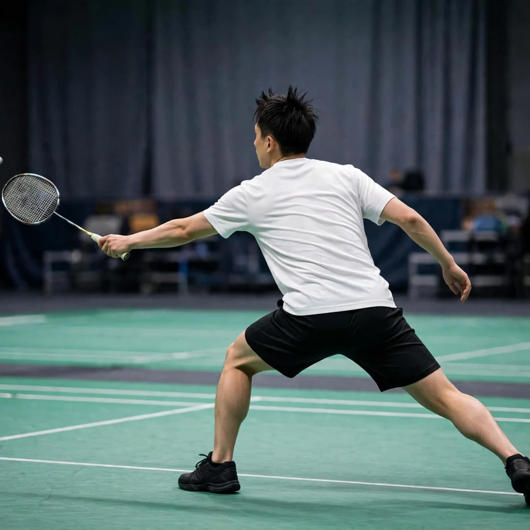 Minoru Koga playing style Minoru Koga playing a cross-court forehand drive from the rear court, seen from behind (AI-generated)