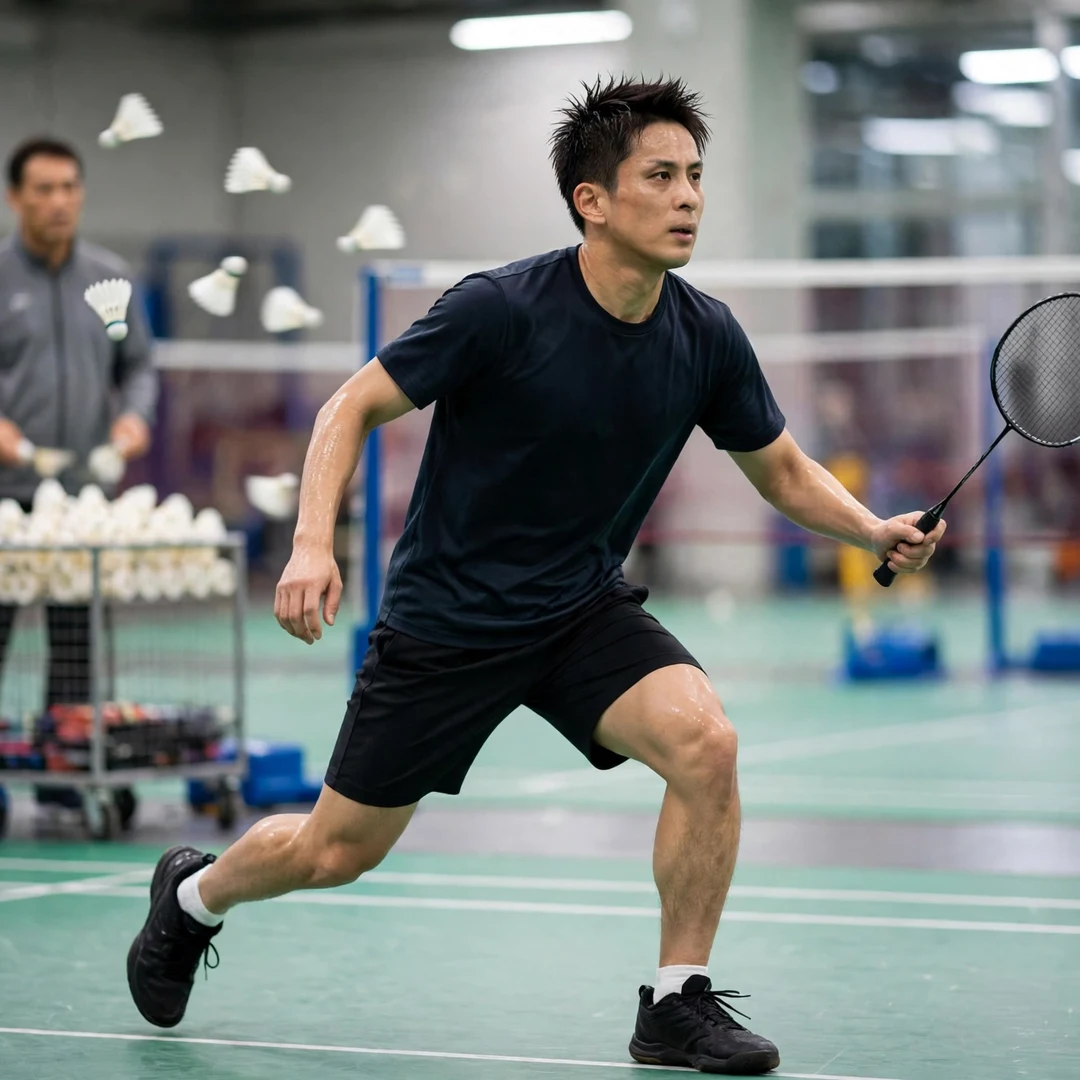 Minoru Koga training session Minoru Koga in a multi-shuttle training drill with his coach feeding shuttlecocks (AI-generated)