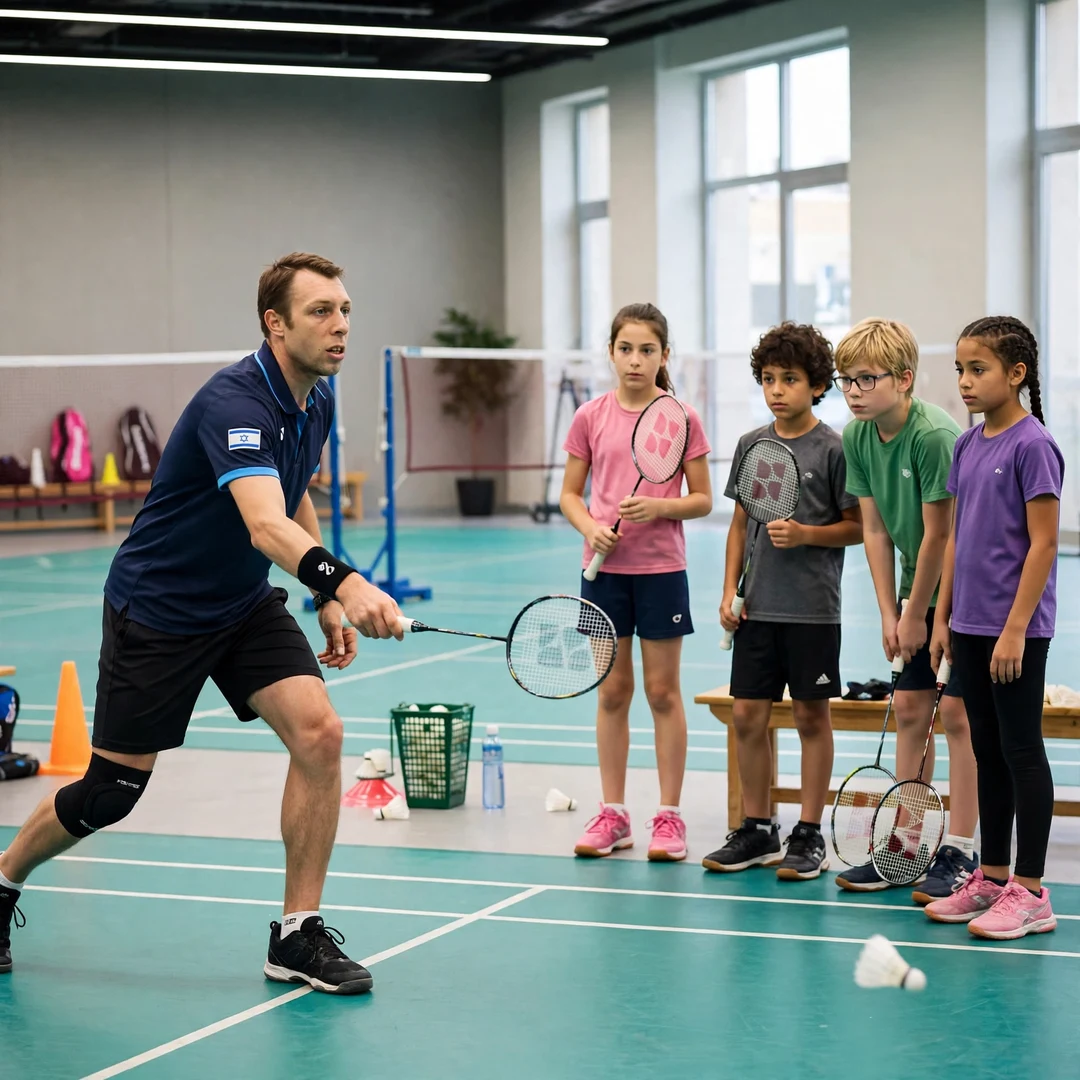 Misha Zilberman coaching juniors academy clinic Misha Zilberman demonstrating a net shot to junior players at an academy clinic (AI-generated)