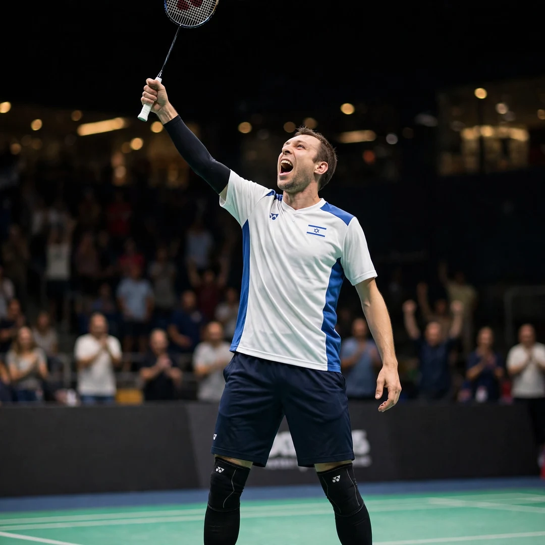 Misha Zilberman celebrating victory Misha Zilberman celebrating a match point with his racket raised (AI-generated)
