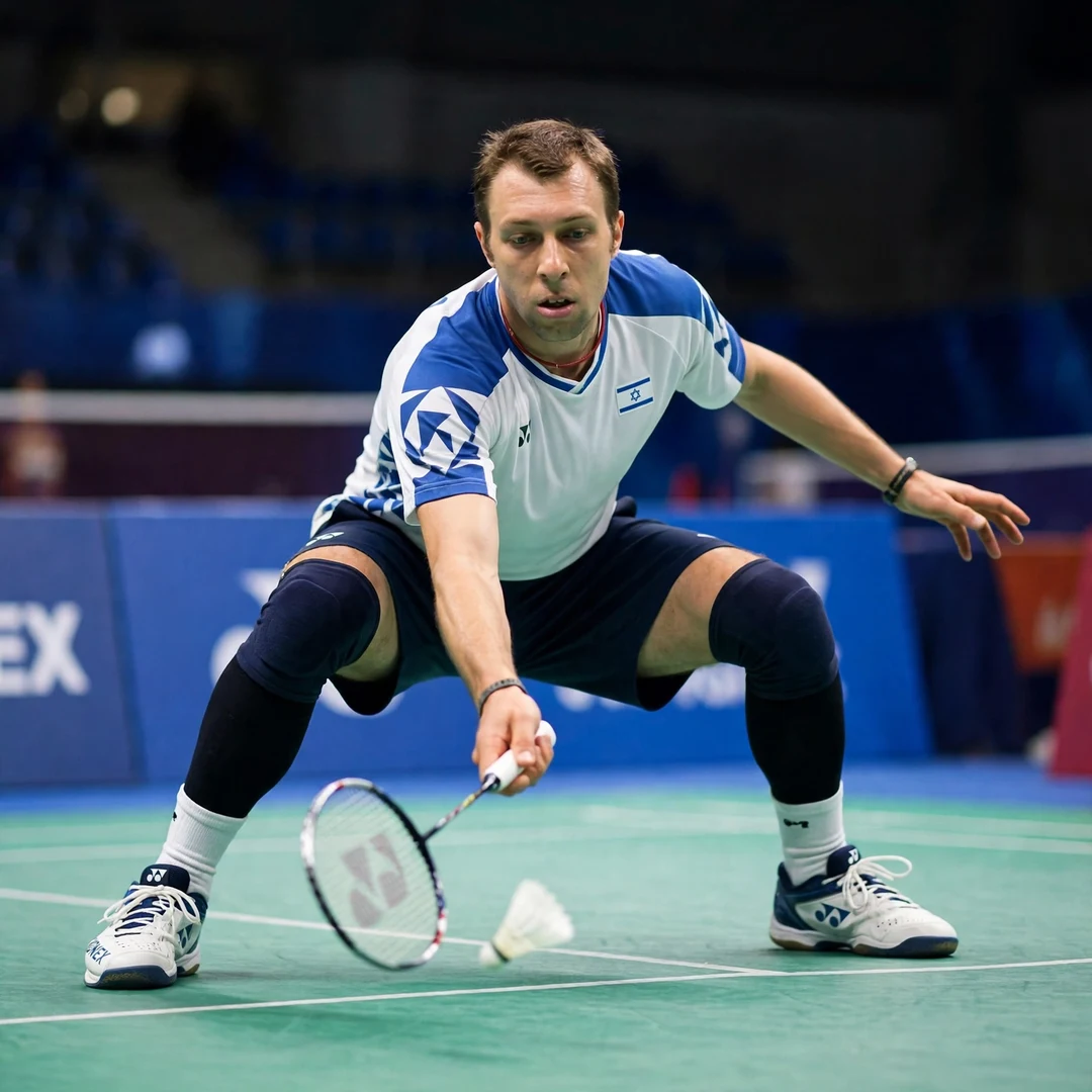 Misha Zilberman defensive crouch Misha Zilberman in a low defensive crouch returning a smash (AI-generated)