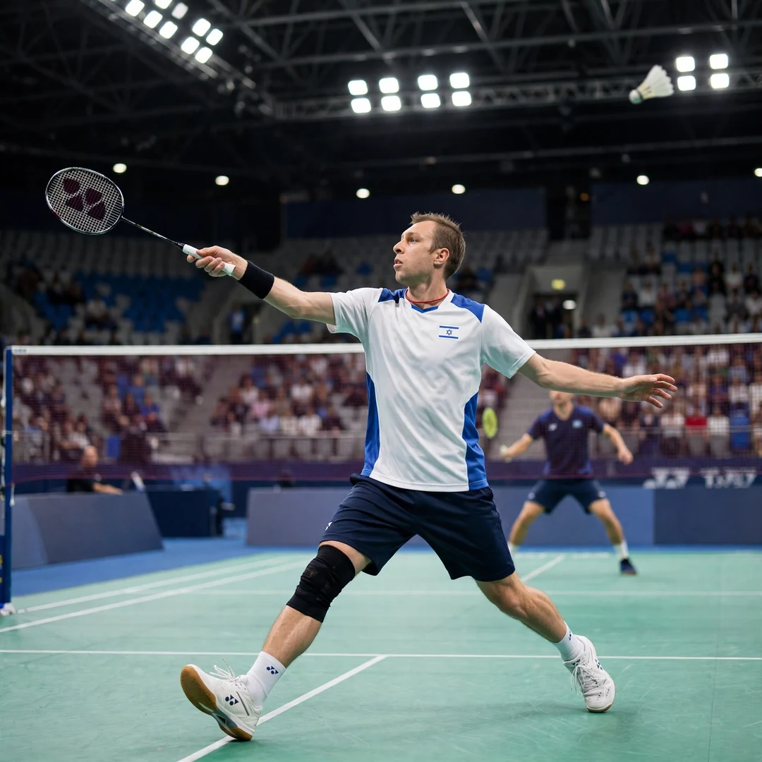 Misha Zilberman Olympic Games badminton Misha Zilberman playing a forehand drive in an Olympic arena (AI-generated)