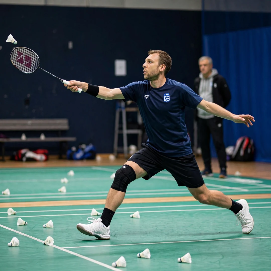 Misha Zilberman training multi-shuttle drill Misha Zilberman lunging in a multi-shuttle training drill (AI-generated)