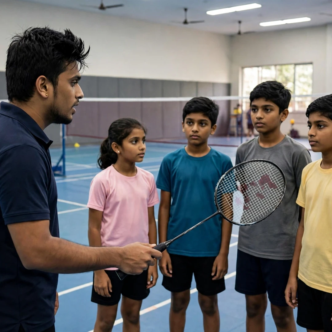 Mithun Manjunath demonstrating technique to junior players at an academy clinic (AI-generated) Mithun Manjunath demonstrating technique to junior players at an academy clinic (AI-generated)