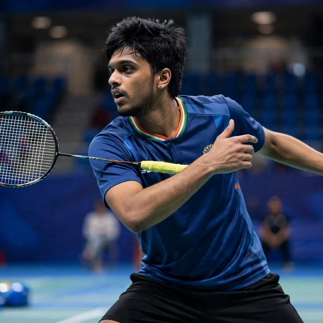 Mithun Manjunath playing a backhand drive with his right arm across his chest (AI-generated) Mithun Manjunath playing a backhand drive with his right arm across his chest (AI-generated)