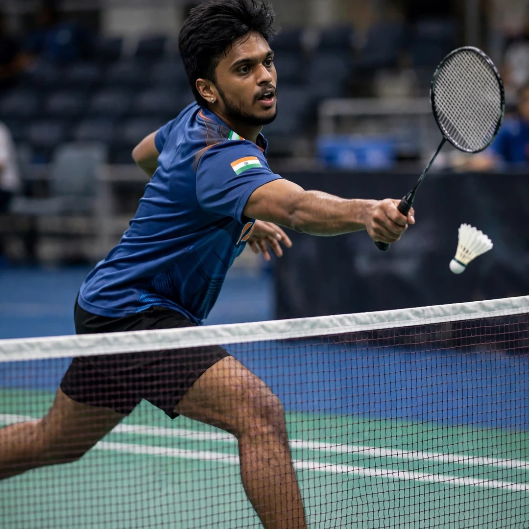 Mithun Manjunath playing a tumbling net shot at the tape (AI-generated) Mithun Manjunath playing a tumbling net shot at the tape (AI-generated)
