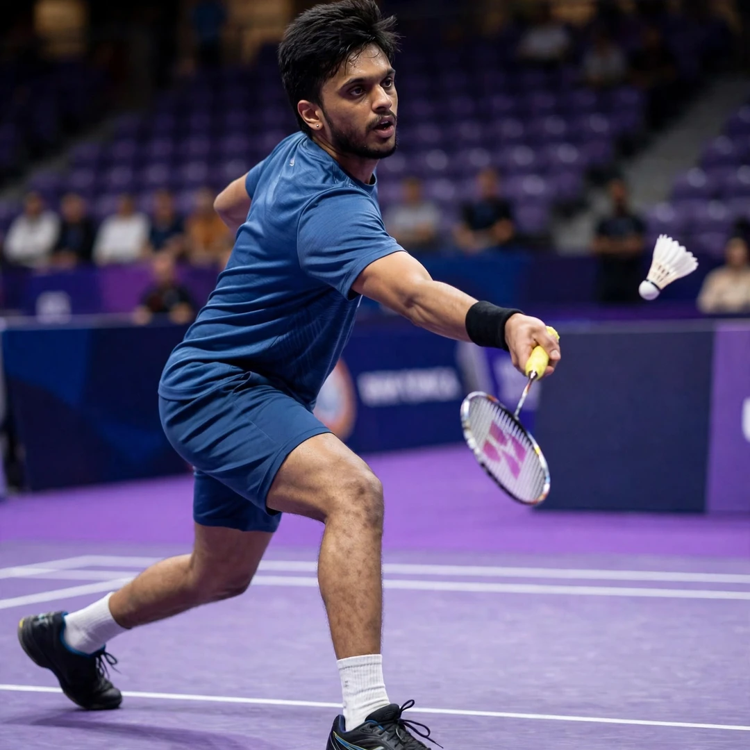 Mithun Manjunath mid-rally at the Orleans Masters 2022 (AI-generated) Mithun Manjunath mid-rally at the Orleans Masters 2022 (AI-generated)