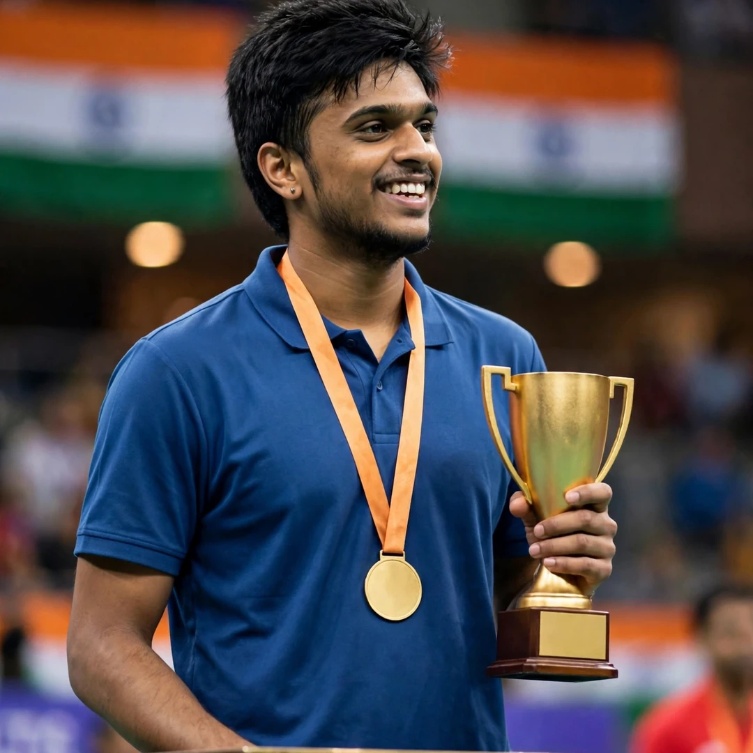 Mithun Manjunath on the podium with the national champion trophy in Pune (AI-generated) Mithun Manjunath on the podium with the national champion trophy in Pune (AI-generated)