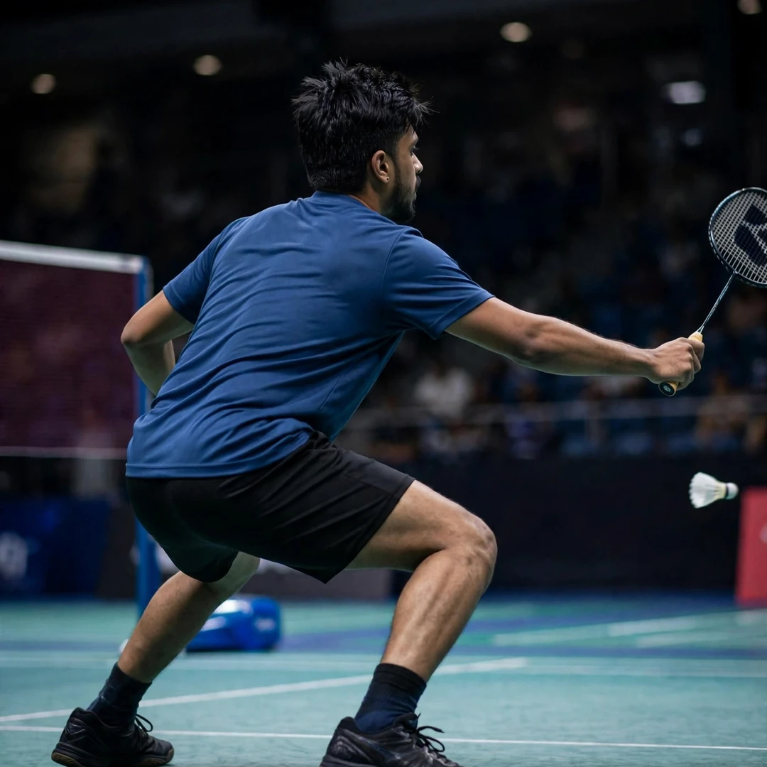 Mithun Manjunath in a low defensive crouch, seen from behind (AI-generated) Mithun Manjunath in a low defensive crouch, seen from behind (AI-generated)