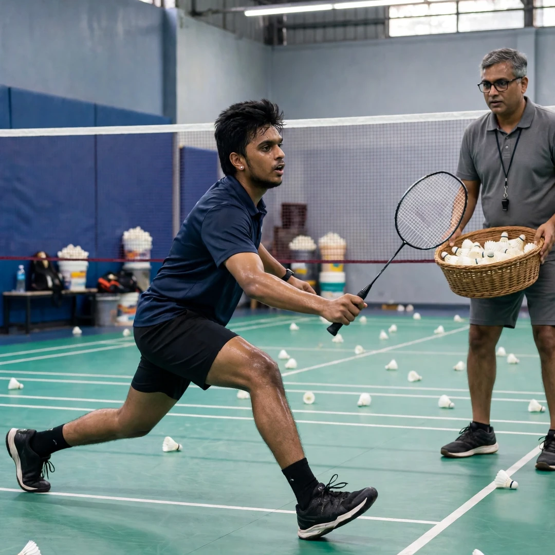 Mithun Manjunath in a multi-shuttle training drill in Bengaluru (AI-generated) Mithun Manjunath in a multi-shuttle training drill in Bengaluru (AI-generated)