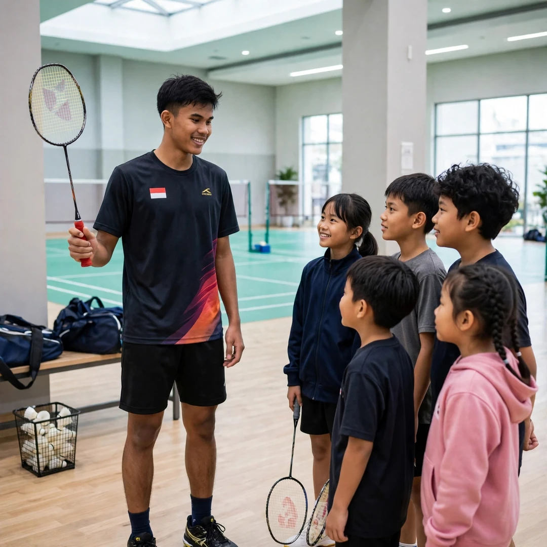 Muhamad Yusuf demonstrating a net shot to junior players at a badminton clinic (AI-generated) Muhamad Yusuf demonstrating a net shot to junior players at a badminton clinic (AI-generated)