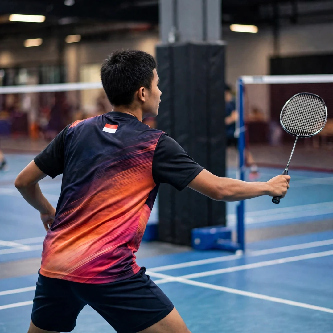 Muhamad Yusuf playing a forehand drive, seen from behind (AI-generated) Muhamad Yusuf playing a forehand drive, seen from behind (AI-generated)