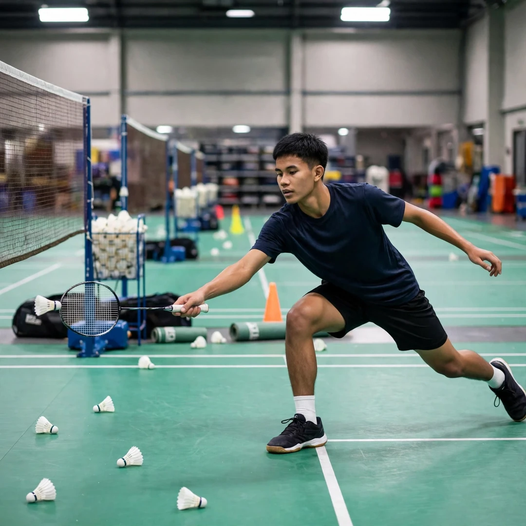 Muhamad Yusuf in a multi-shuttle training drill (AI-generated) Muhamad Yusuf in a multi-shuttle training drill (AI-generated)