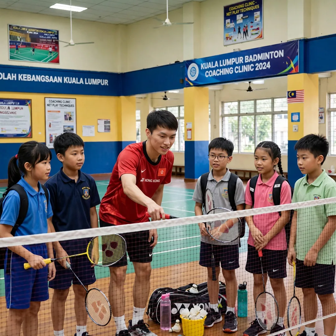 Ng Ka Long Angus inspiring junior badminton players Ng Ka Long Angus demonstrating net play to junior players at a badminton clinic, racket in his right hand (AI-generated)