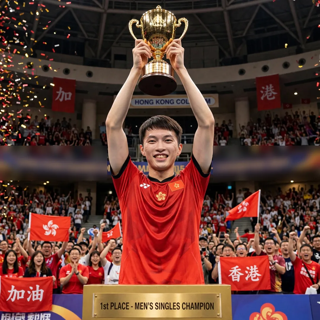 Ng Ka Long Angus celebrating the Hong Kong Open 2016 title Ng Ka Long Angus lifting the trophy after winning the 2016 Hong Kong Open in front of his home crowd (AI-generated)