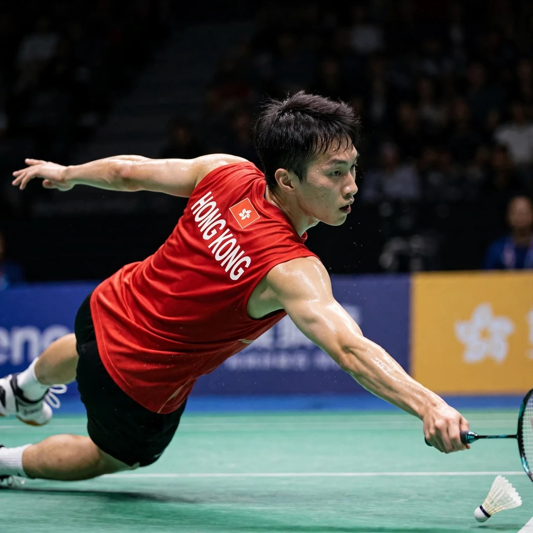 Ng Ka Long Angus defensive diving return Ng Ka Long Angus diving for a defensive return, racket in his right hand (AI-generated)