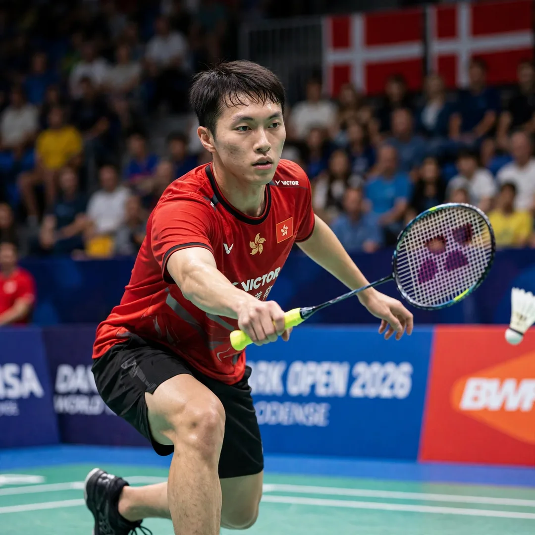 Ng Ka Long Angus Denmark Open 2026 veteran season Ng Ka Long Angus lunging in defence at the Denmark Open 2026 in Odense, racket in his right hand (AI-generated)