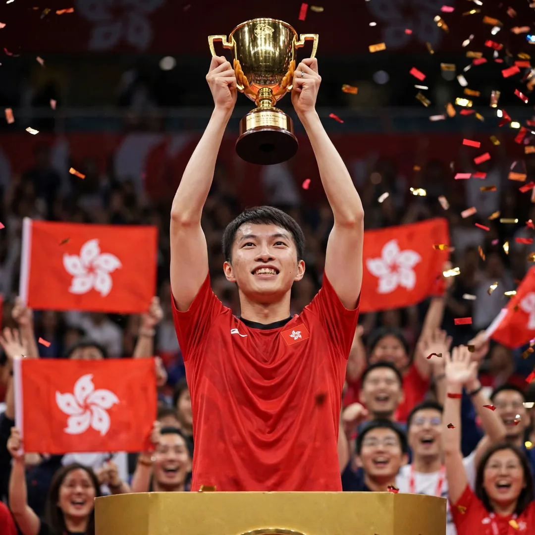 Ng Ka Long Angus Hong Kong Open 2016 champion Ng Ka Long Angus lifting the Hong Kong Open 2016 trophy with both hands at the Hong Kong Coliseum (AI-generated)