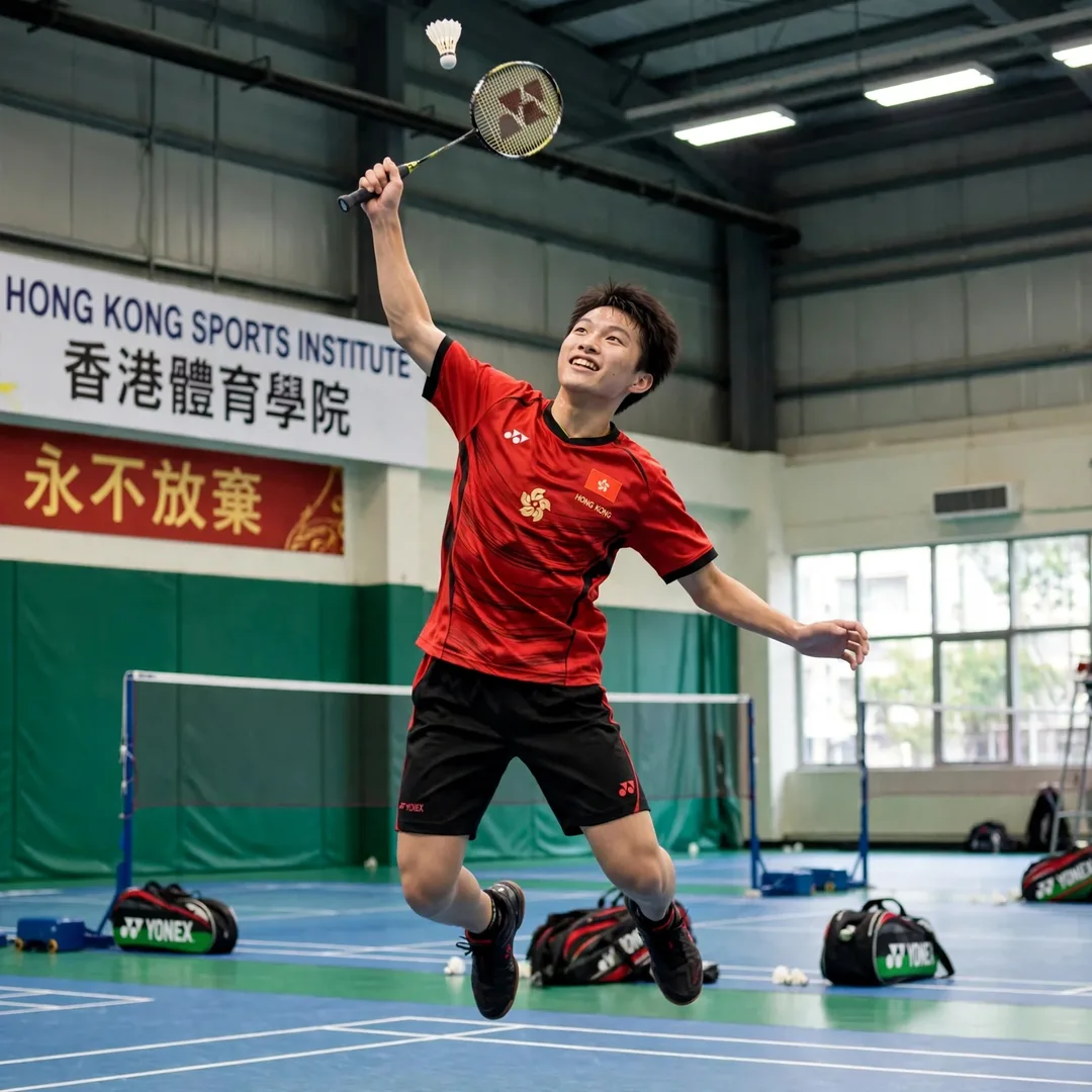 Ng Ka Long Angus junior training Hong Kong Sports Institute A young Ng Ka Long Angus leaping for a smash in training at the Hong Kong Sports Institute (AI-generated)