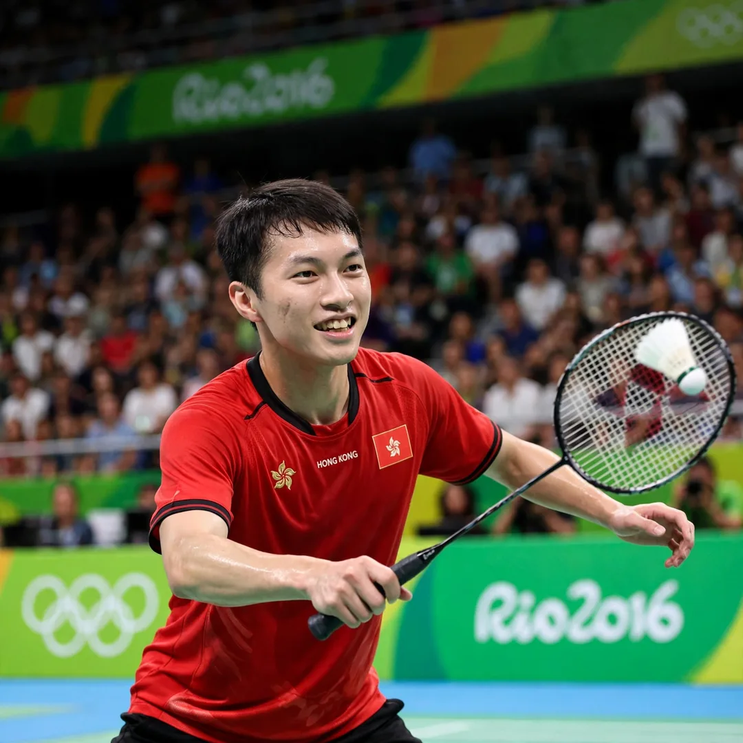 Ng Ka Long Angus Rio 2016 Olympic Games debut Ng Ka Long Angus playing a forehand at the Rio 2016 Olympic Games, racket in his right hand (AI-generated)