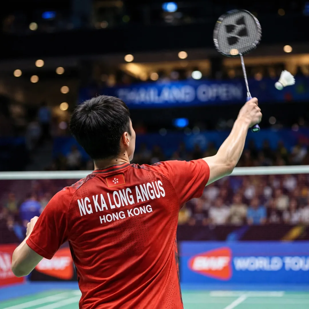 Ng Ka Long Angus Thailand Open 2020 Super 1000 final Ng Ka Long Angus from behind during his Thailand Open 2020 Super 1000 final run in Bangkok, racket in his right hand (AI-generated)