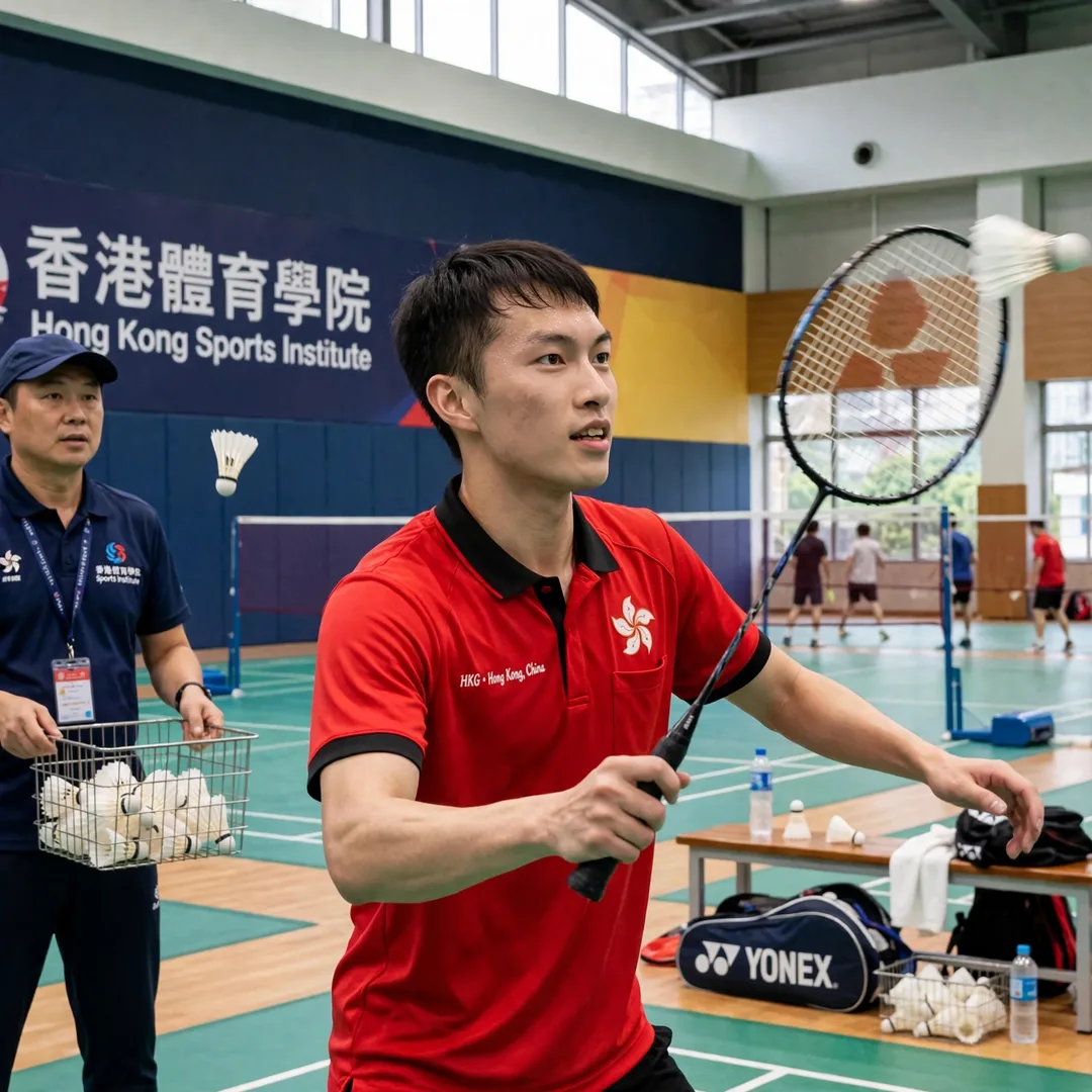Ng Ka Long Angus training at Hong Kong Sports Institute Ng Ka Long Angus in a multi-shuttle training session at the Hong Kong Sports Institute, racket in his right hand (AI-generated)
