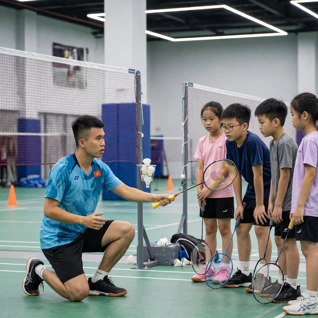 Vietnamese badminton star Nguyen Hai Dang serving as role model for developing players across Southeast Asia Nguyen Hai Dang demonstrating a net shot to junior players (AI-generated)