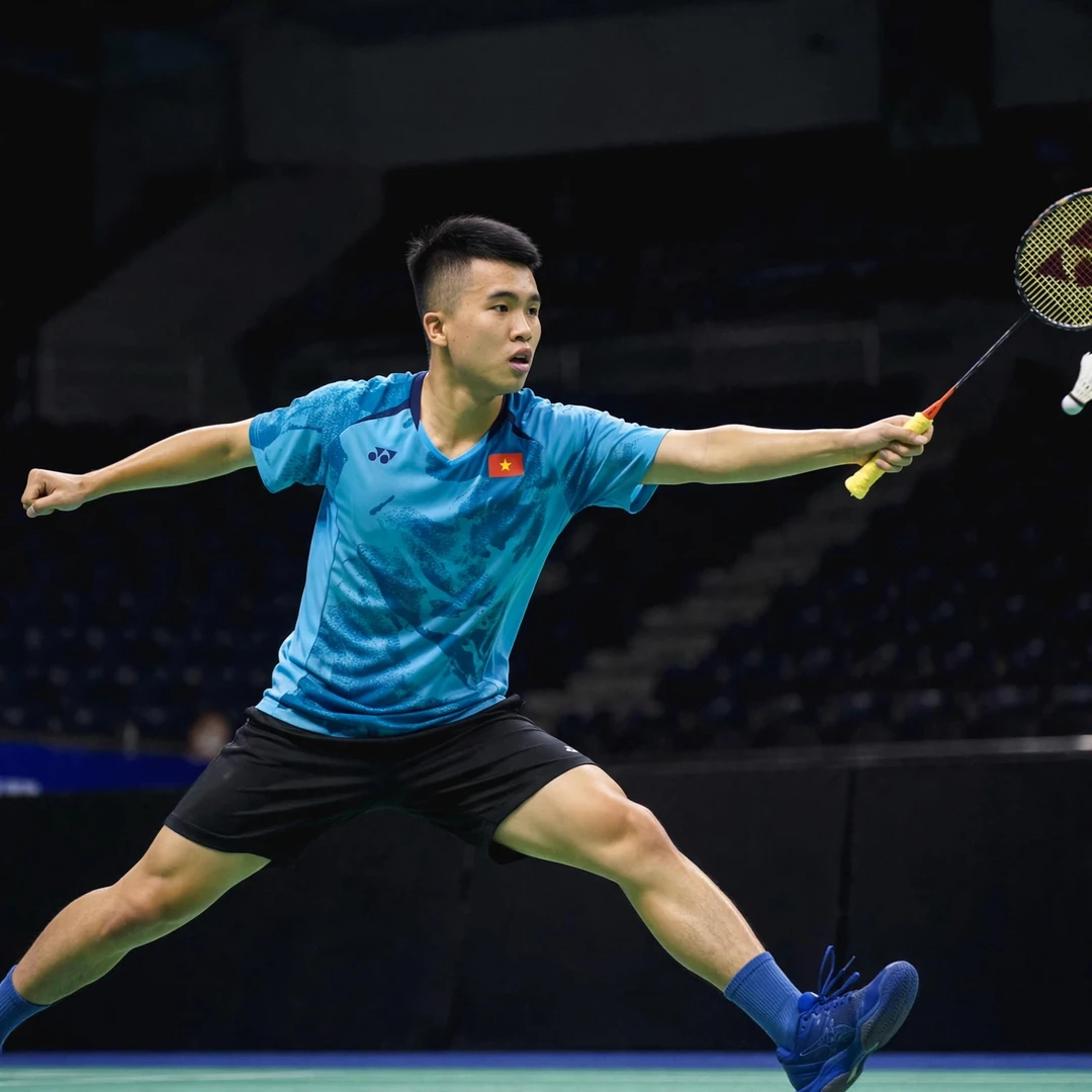 Nguyen Hai Dang displaying defensive retrieval during international men's singles match Nguyen Hai Dang reaching a wide backhand (AI-generated)