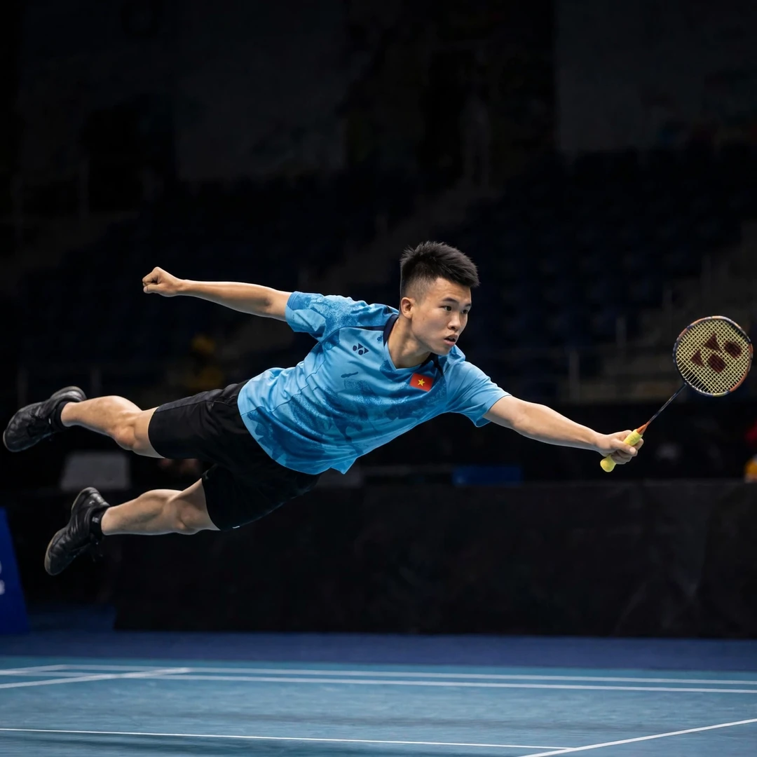 Nguyen Hai Dang training with the Vietnam national badminton team during preparation Nguyen Hai Dang in a full-length diving defensive save (AI-generated)