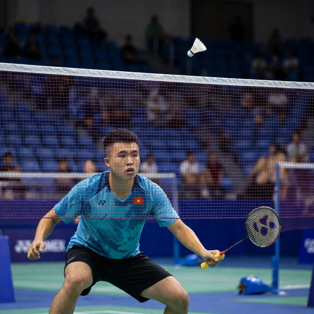 Nguyen Hai Dang showing exceptional court coverage during extended long rally Nguyen Hai Dang playing a tumbling net shot (AI-generated)