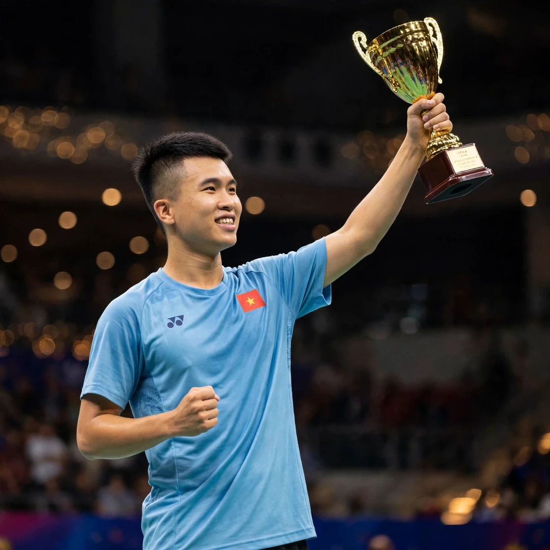 Nguyen Hai Dang winning his first international title at the Iran Fajr International Challenge Nguyen Hai Dang on the podium with the Iran Fajr International Challenge trophy (AI-generated)
