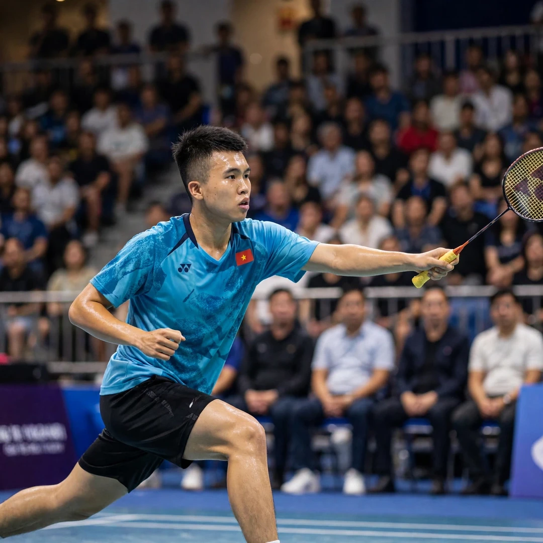 Vietnamese badminton player Nguyen Hai Dang achieving career-high world ranking No. 52 Nguyen Hai Dang stretched wide in defence at the Syed Modi International (AI-generated)