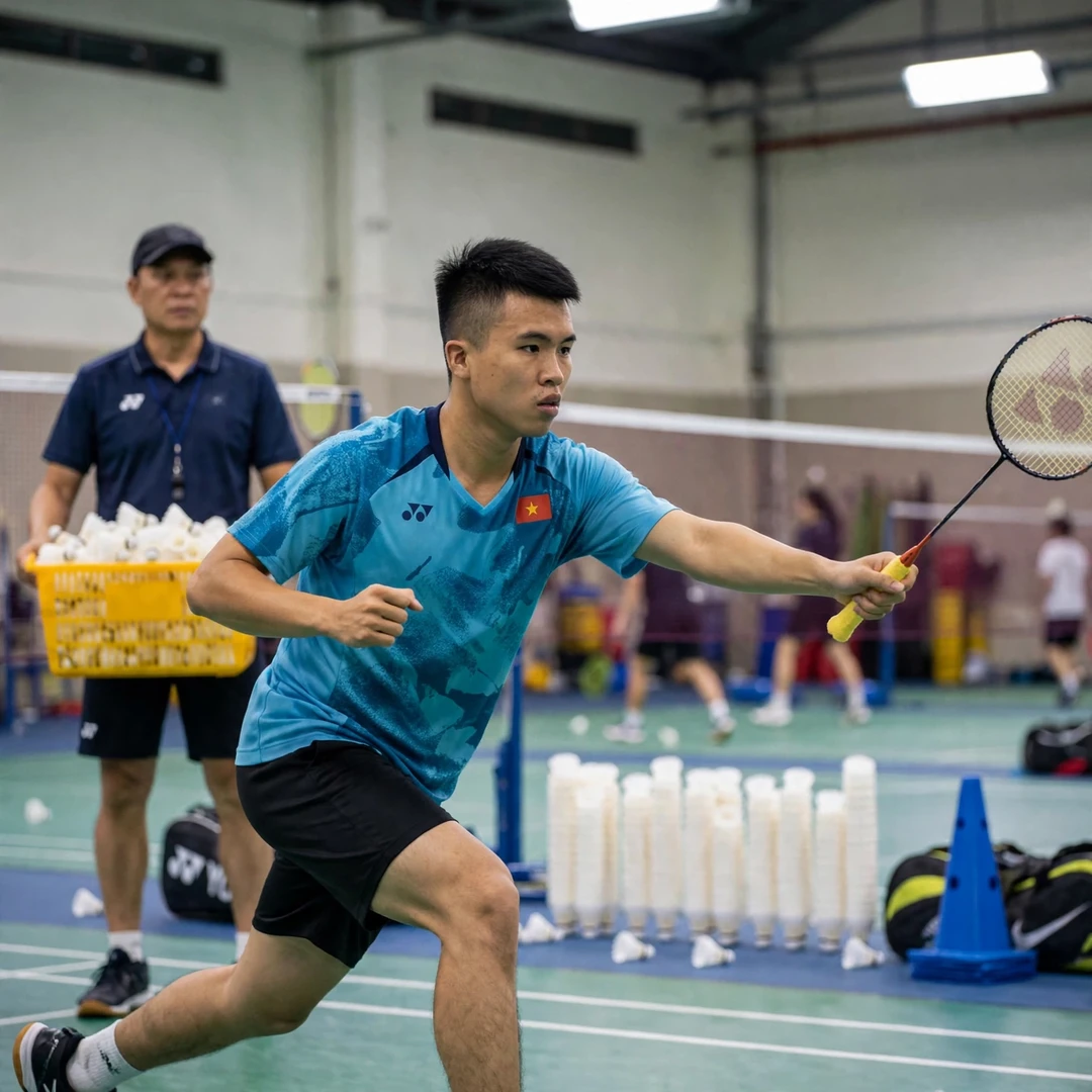 Vietnamese badminton player Nguyen Hai Dang displaying patient mindset and training dedication Nguyen Hai Dang in a multi-shuttle training drill (AI-generated)