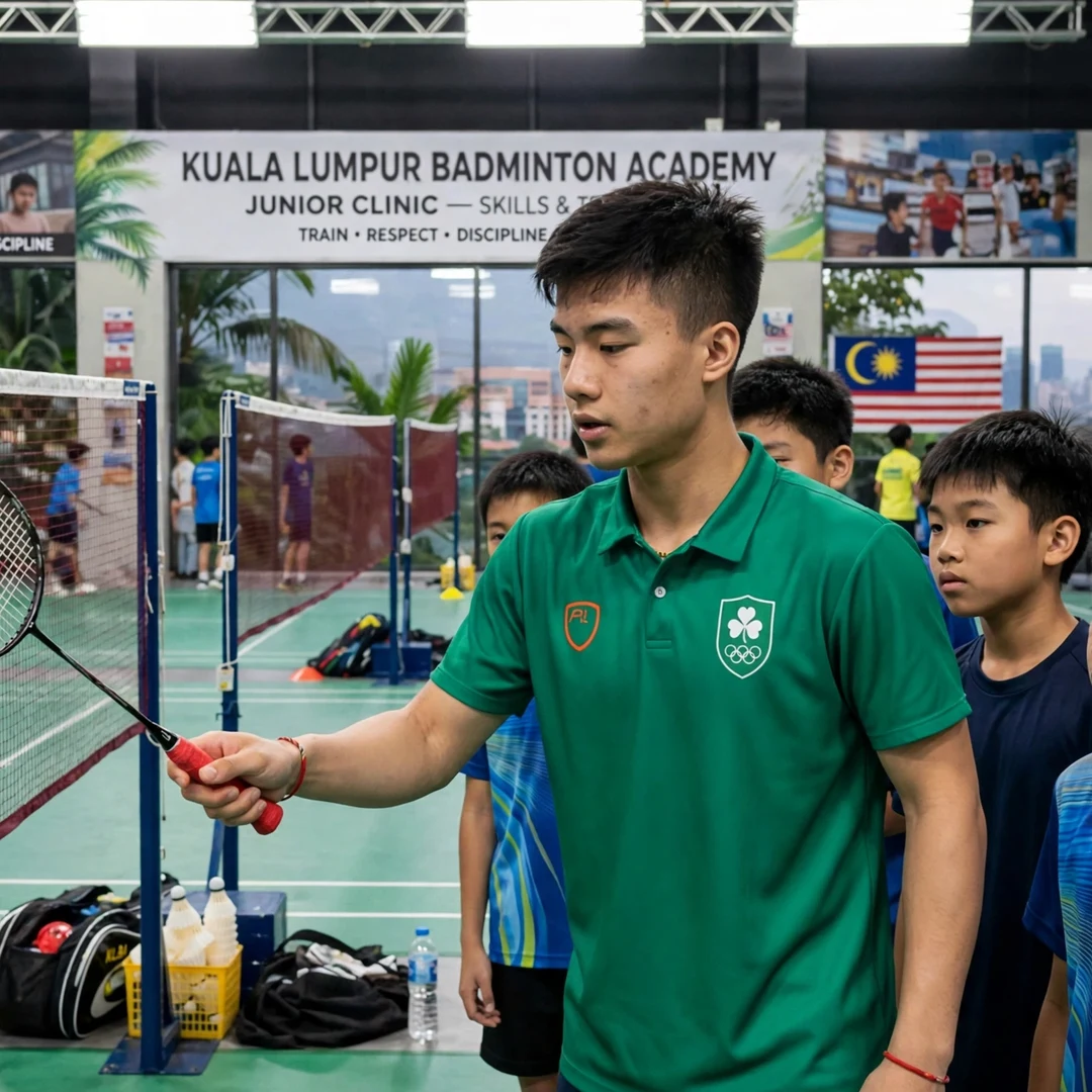 Nhat Nguyen coaching junior badminton players Nhat Nguyen demonstrating technique to junior players at a badminton clinic in Kuala Lumpur (AI-generated)