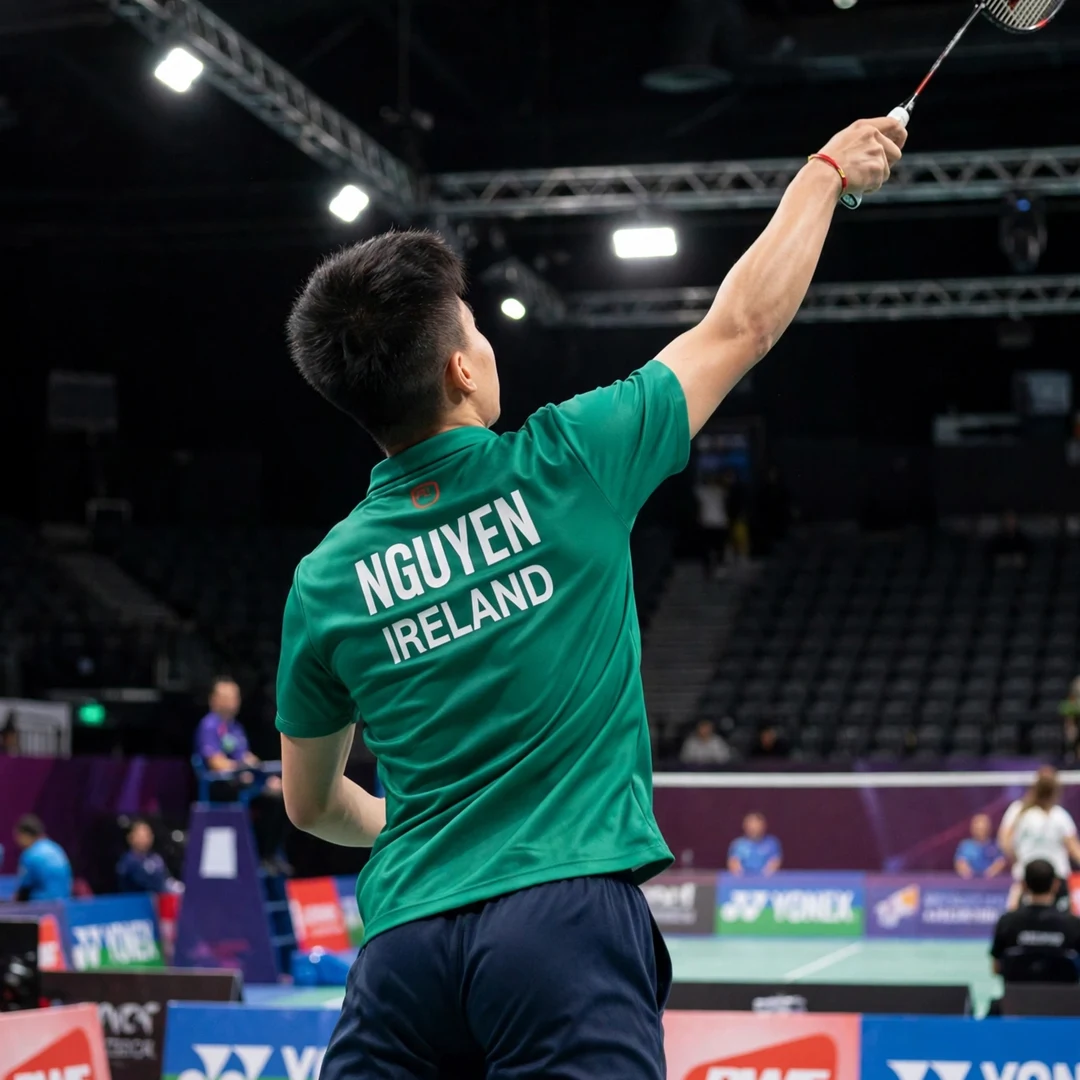 Nhat Nguyen rear court technique Nhat Nguyen reaching up in the rear court, photographed from behind (AI-generated)