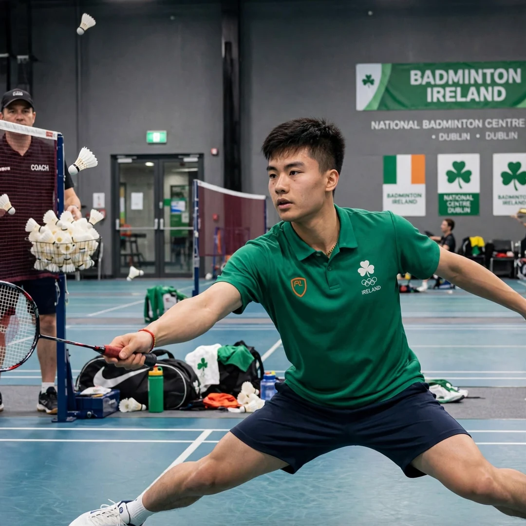 Nhat Nguyen training with Badminton Ireland Nhat Nguyen in multi-shuttle training at the National Badminton Centre in Dublin (AI-generated)