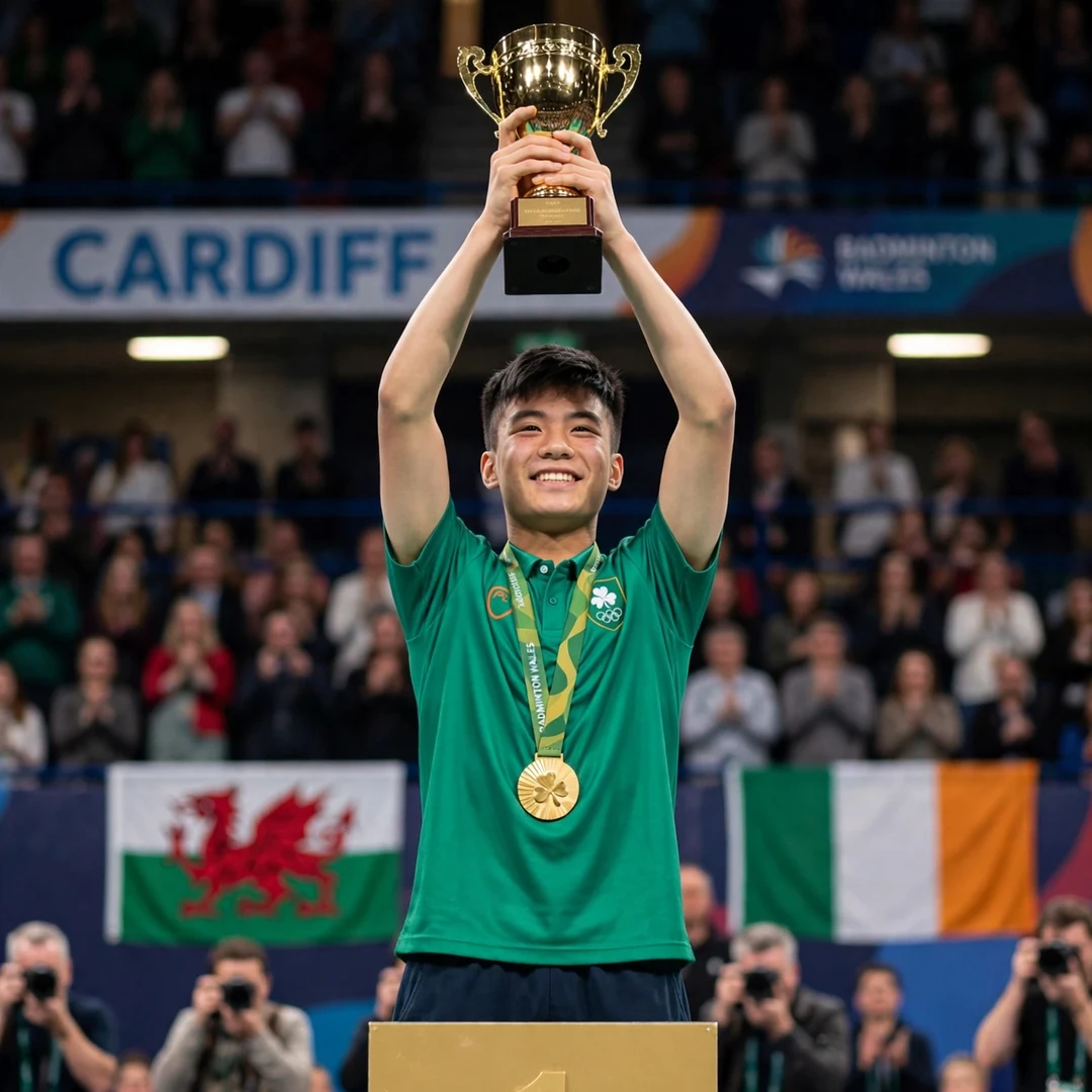Nhat Nguyen first senior singles title Welsh International 2017 Nhat Nguyen lifting the Welsh International 2017 trophy in Cardiff with both hands (AI-generated)