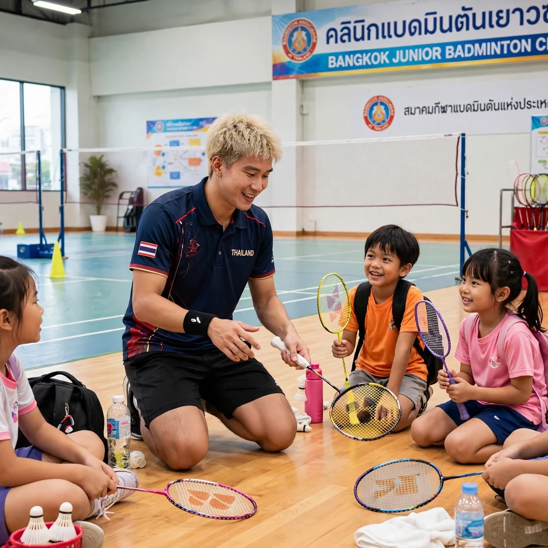 Panitchaphon Teeraratsakul at a junior clinic in Bangkok Panitchaphon Teeraratsakul sharing his experience with young players at a junior clinic in Bangkok (AI-generated)