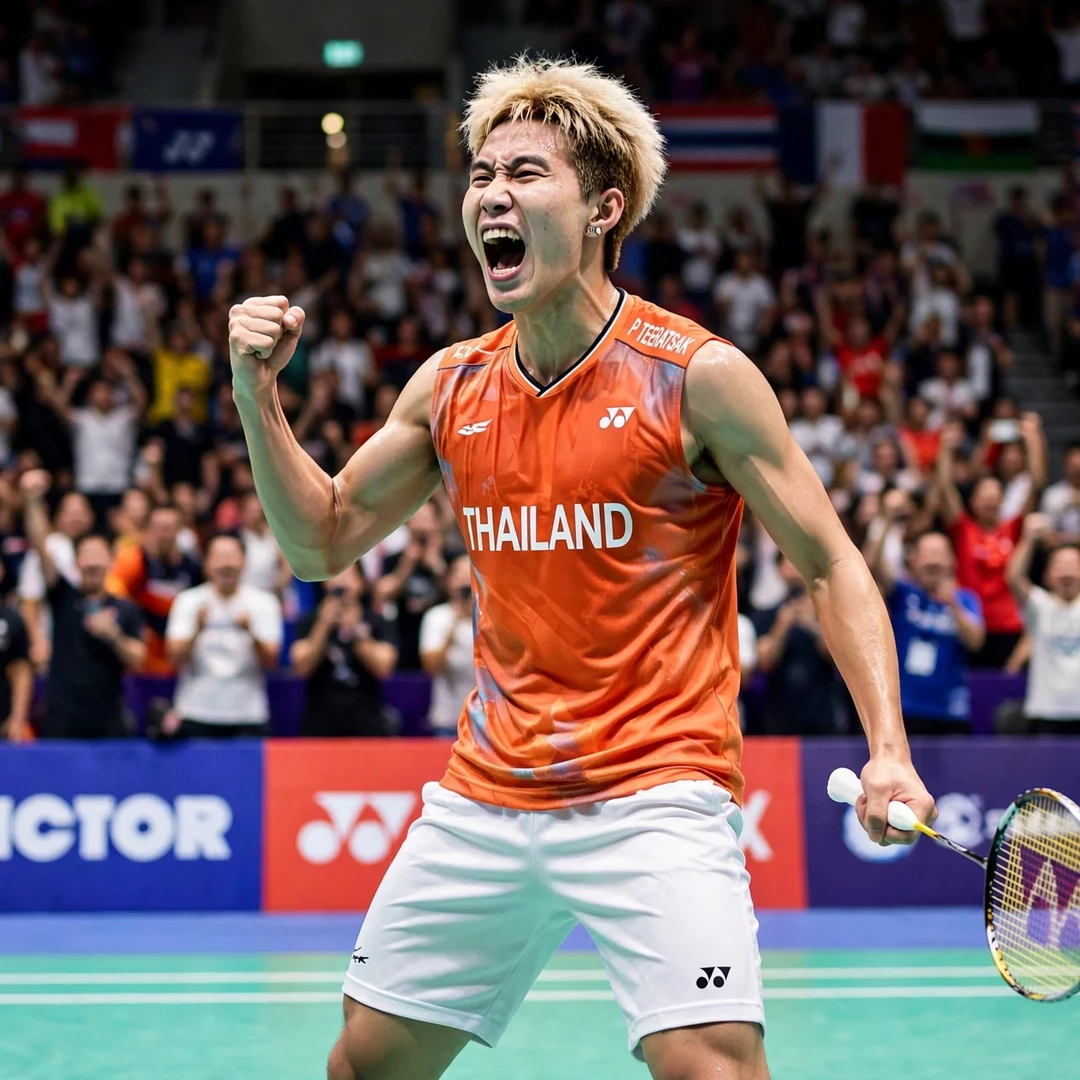Panitchaphon Teeraratsakul celebrating a big win Panitchaphon Teeraratsakul celebrating a big win in front of a packed arena crowd (AI-generated)