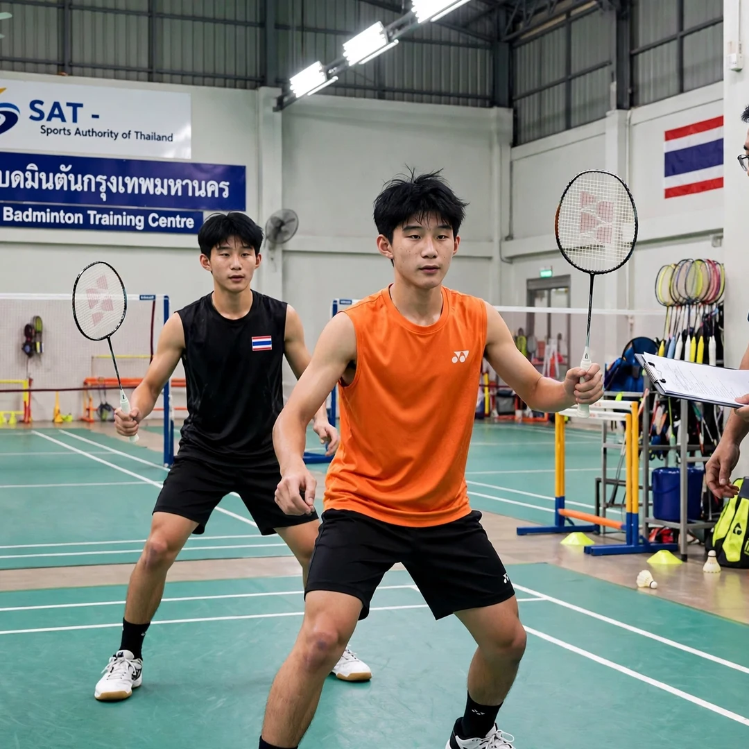 Panitchaphon Teeraratsakul training with his twin brother in Bangkok Panitchaphon Teeraratsakul training as a teenager with his twin brother Pakkapon Teeraratsakul in Bangkok (AI-generated)