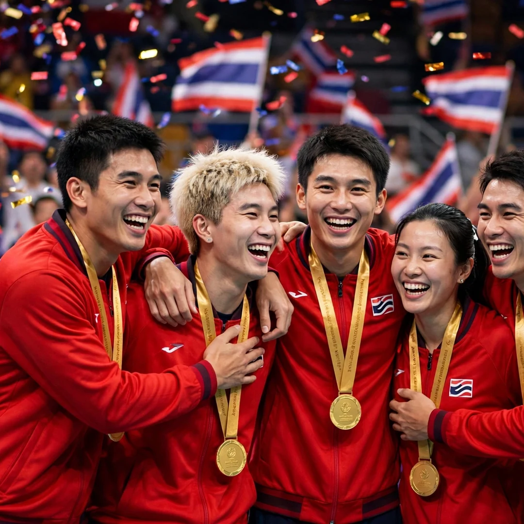 Panitchaphon Teeraratsakul celebrating team gold with Thailand Panitchaphon Teeraratsakul celebrating team gold with his Thailand team mates (AI-generated)