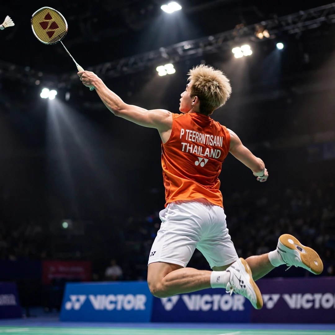 Panitchaphon Teeraratsakul's left-handed jump smash Panitchaphon Teeraratsakul's left-handed jump smash, his signature attacking shot (AI-generated)