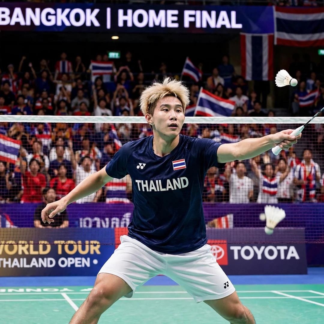 Panitchaphon Teeraratsakul in his home Thailand Masters 2026 final Panitchaphon Teeraratsakul at the net during his home Thailand Masters 2026 final in Bangkok (AI-generated)